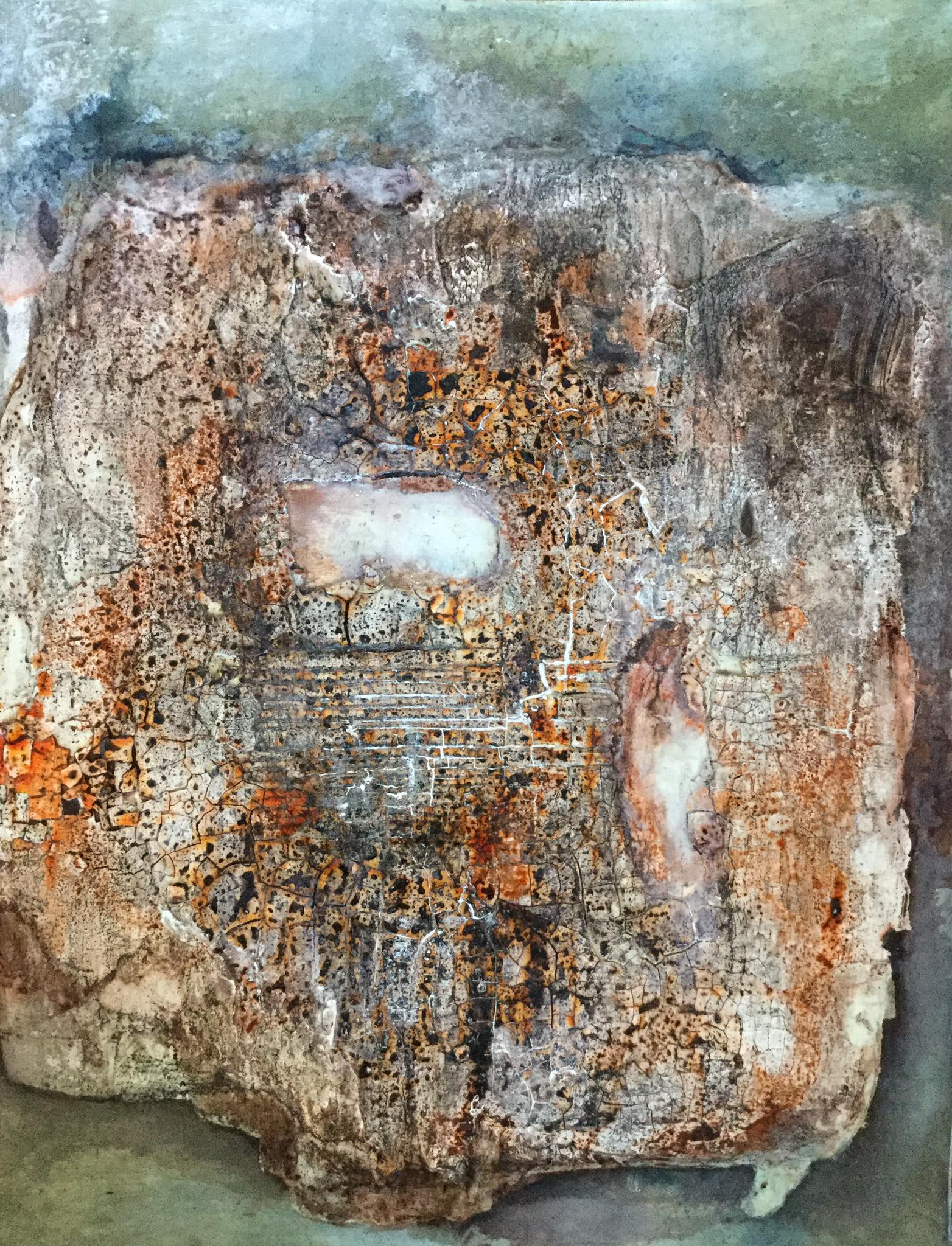 Mischtechnik, Marmormehl, Sumpfkalk, Pigment Wachs, Beize. Aquarellfarbe und Schiefermehl, auf Malkarton 51 x 38